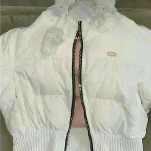 Fetish brand women’s puffer Ski jacket white rabbit trim down filled Y2K Fairy